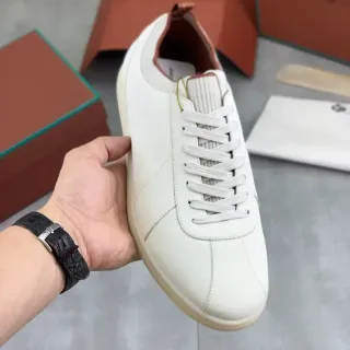 White Beige Smooth Leather Upper Ribbed Knit Collar Lifestyle Sneakers
