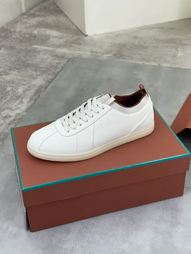 White Beige Smooth Leather Upper Ribbed Knit Collar Lifestyle Sneakers 4