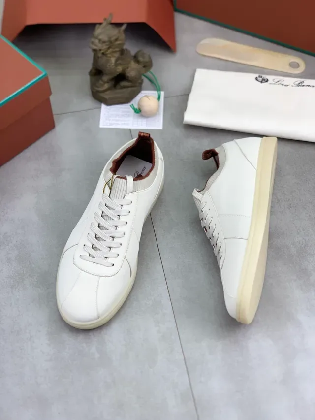 White Beige Smooth Leather Upper Ribbed Knit Collar Lifestyle Sneakers 5