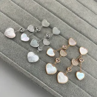 White Gold Multi-Heart Drop Mother-of-Pearl Inlay Earrings