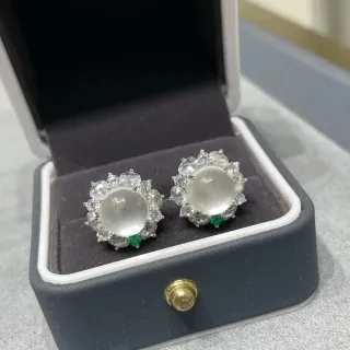 White Green Cabochon-Centered Halo-Set Earrings