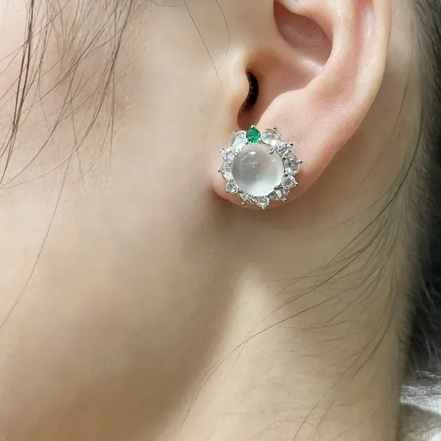 White Green Cabochon-Centered Halo-Set Earrings 9