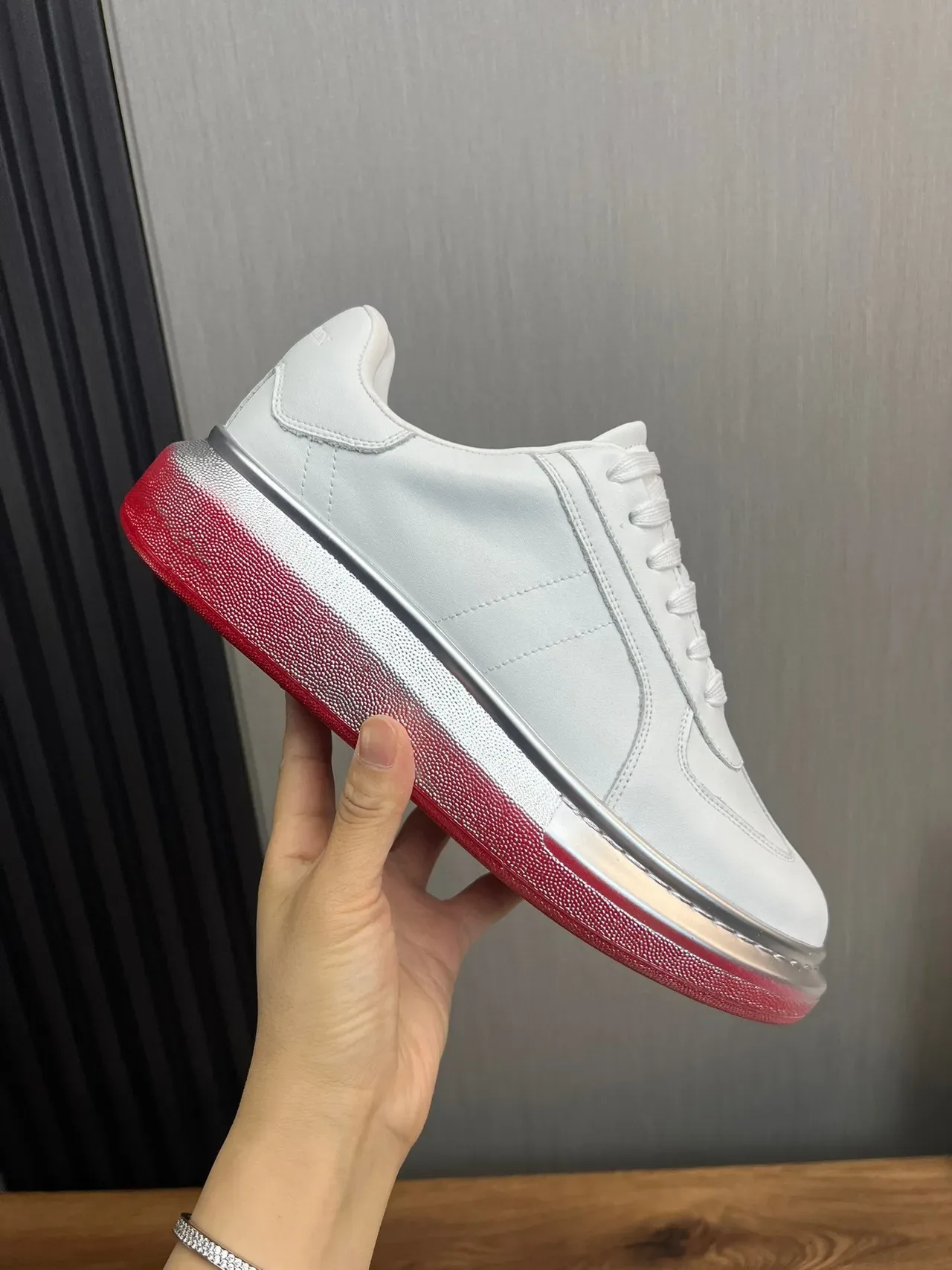 White Red Smooth Leather-Like Upper Metallic Gradient Platform Sole Lifestyle Sneakers 5