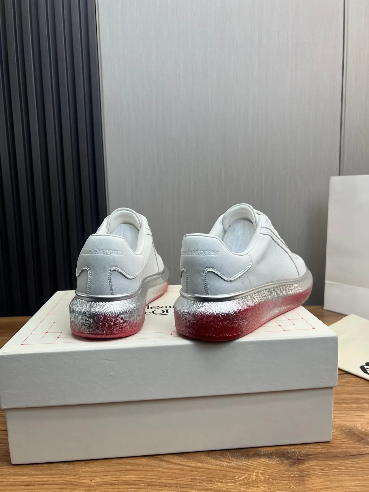 White Red Smooth Leather-Like Upper Metallic Gradient Platform Sole Lifestyle Sneakers 6