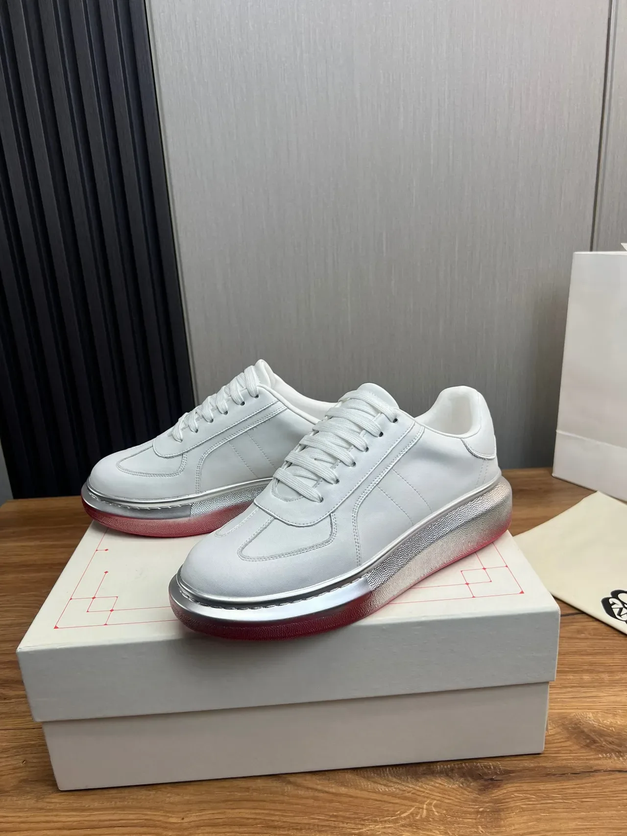 White Red Smooth Leather-Like Upper Metallic Gradient Platform Sole Lifestyle Sneakers 8