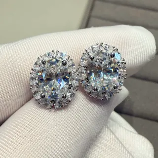White Silver Oval-Cut Center Stone Halo Setting Earrings