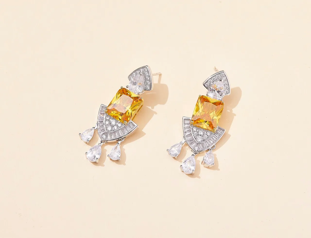 Yellow and Clear Gemstone Multi-Tier Dangling Earrings 5
