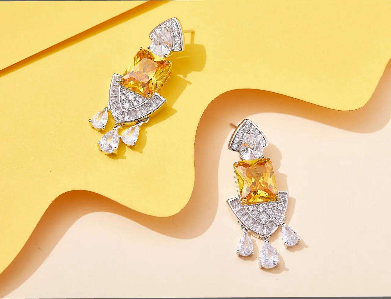 Yellow and Clear Gemstone Multi-Tier Dangling Earrings 6