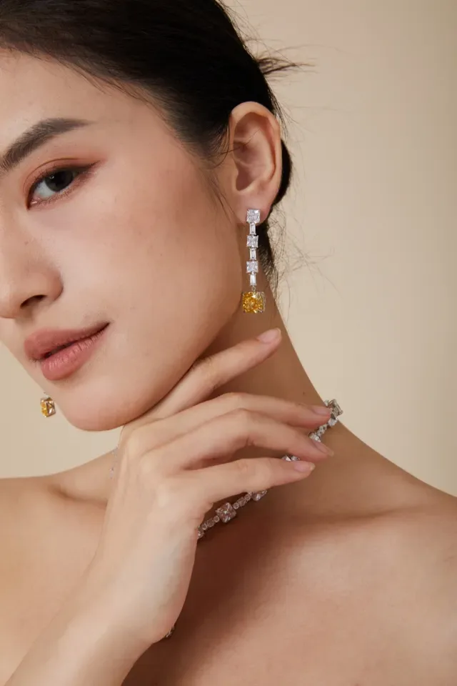 Yellow Cushion-Cut Cascade Drop Earrings 2