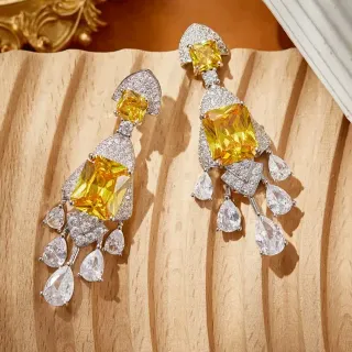 Yellow Silver Chandelier-Style Pavé-Set Earrings