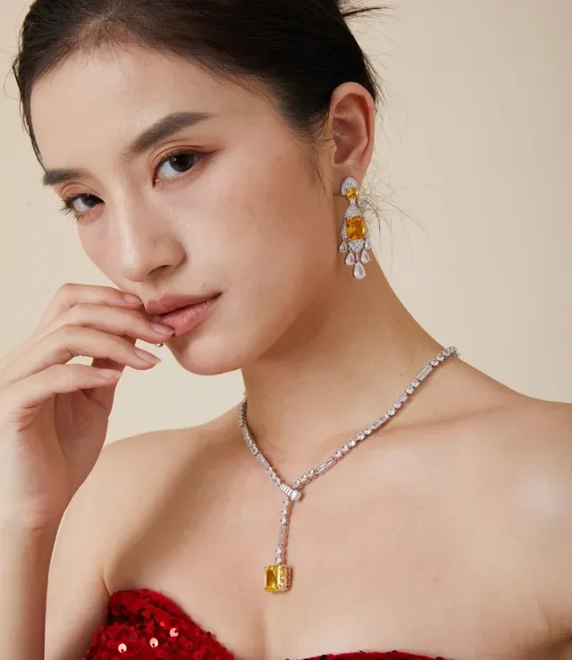 Yellow Silver Chandelier-Style Pavé-Set Earrings 2