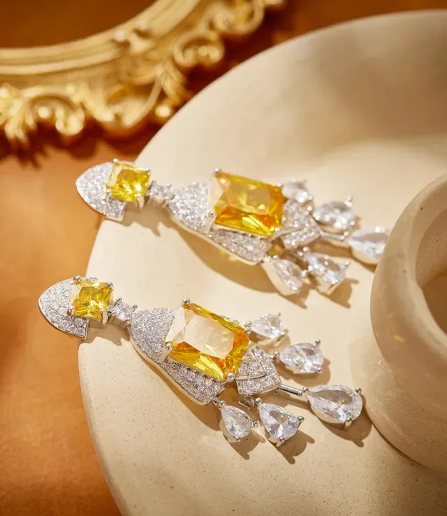 Yellow Silver Chandelier-Style Pavé-Set Earrings 3