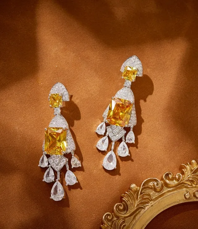 Yellow Silver Chandelier-Style Pavé-Set Earrings 4