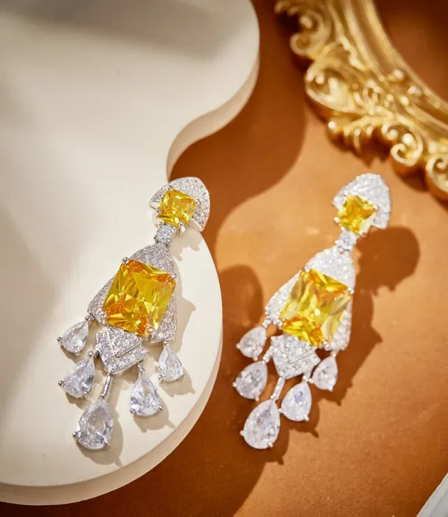 Yellow Silver Chandelier-Style Pavé-Set Earrings 6