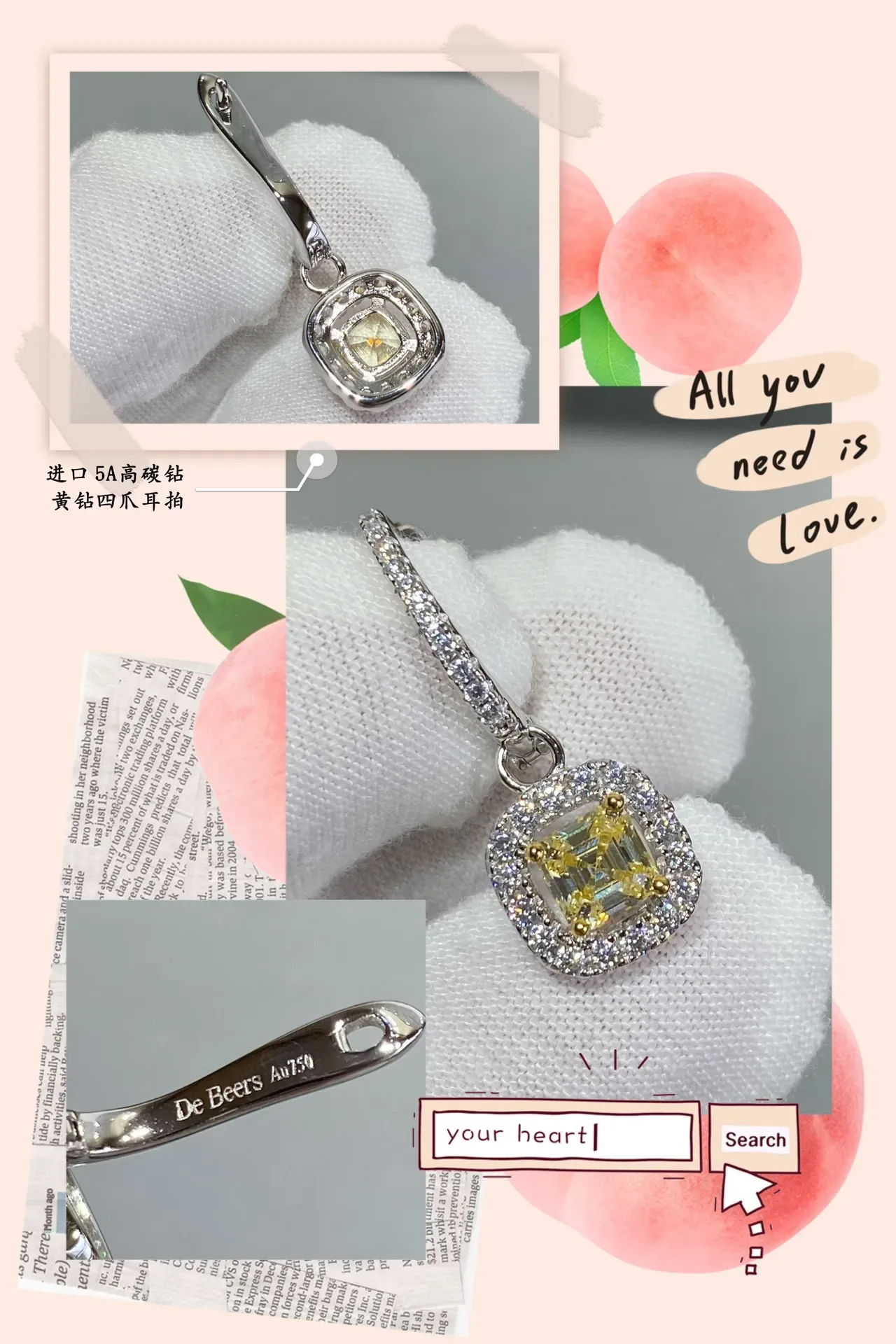 Yellow Silver Halo-Set Cushion-Cut Center Stone Earrings 6