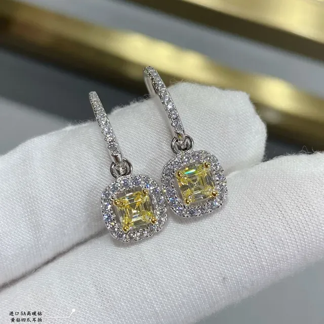 Yellow Silver Halo-Set Cushion-Cut Center Stone Earrings 8