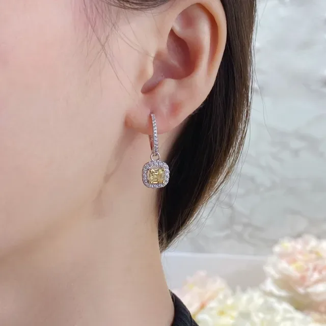 Yellow Silver Halo-Set Cushion-Cut Center Stone Earrings 9
