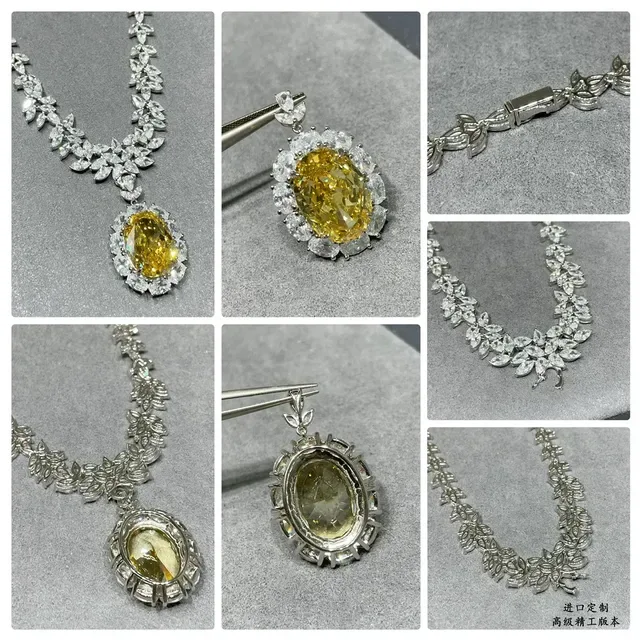 Yellow Silver Leaf-Motif Chain Oval Center Stone Necklace 2