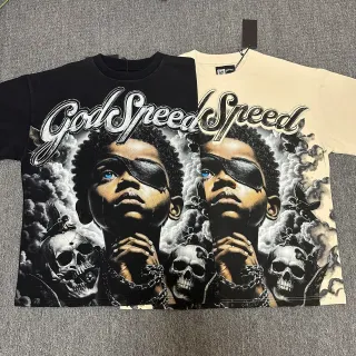 تيشيرت Godspeed أسود بيج بطباعة جرافيك فنية على كامل الأمام