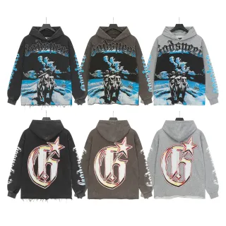 Godspeed काला नीला Oversized Fit Distressed Raw Hem Hoodie