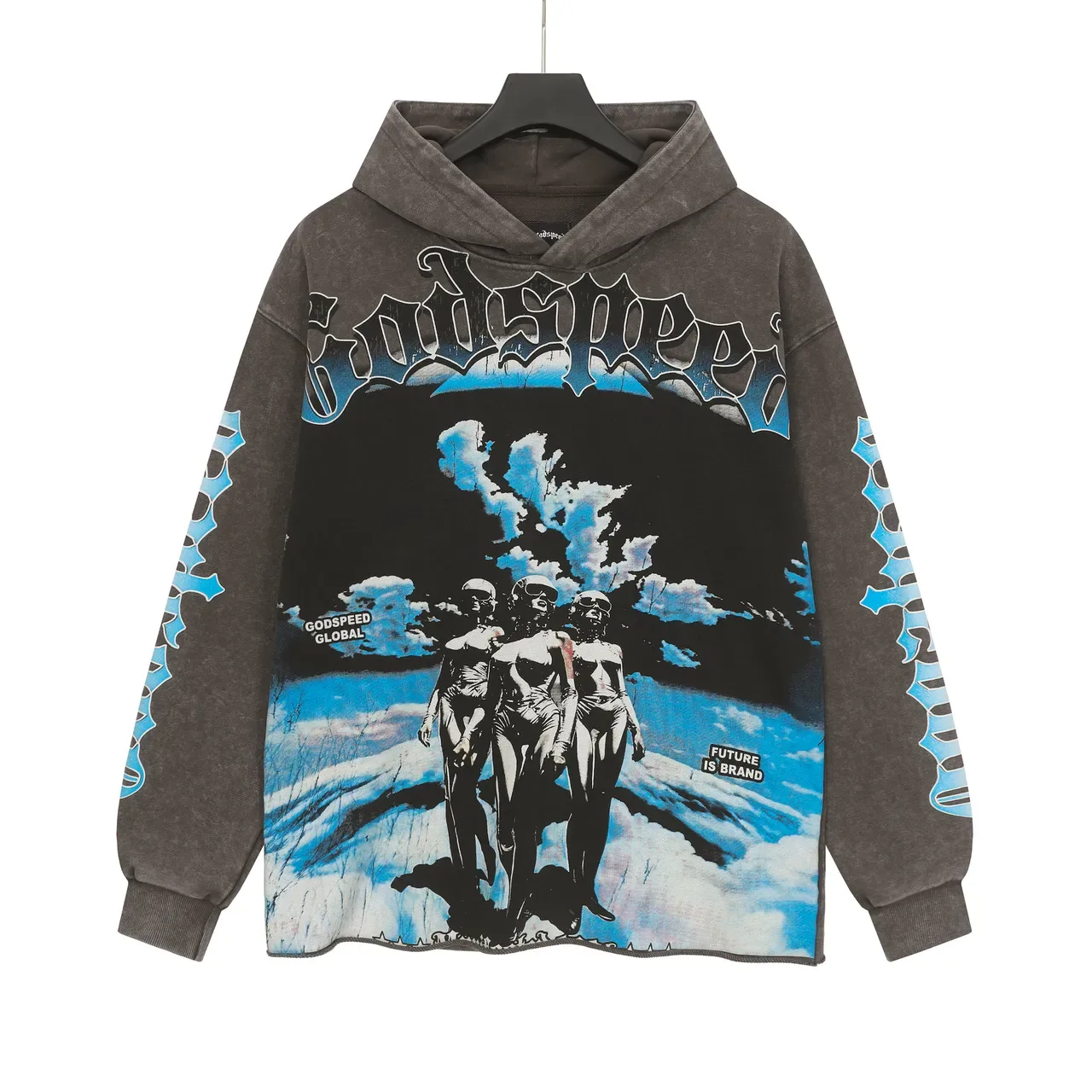 Godspeed Preto Azul Oversized Fit Distressed Raw Hem Hoodie 2