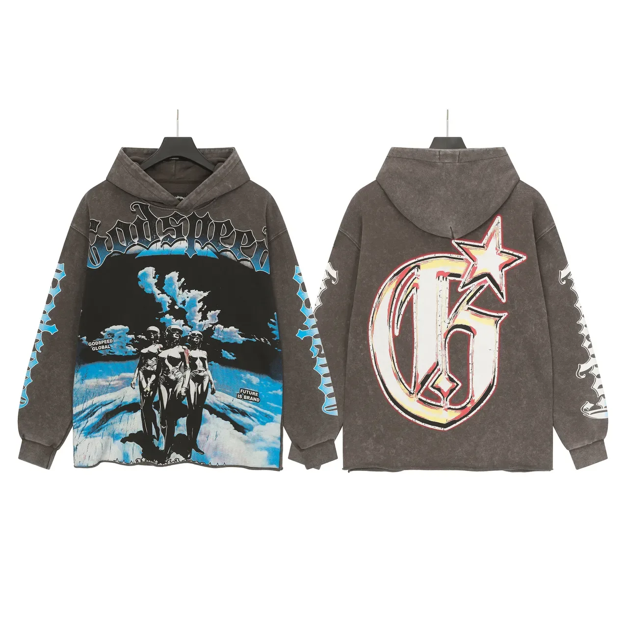 Godspeed Preto Azul Oversized Fit Distressed Raw Hem Hoodie 4