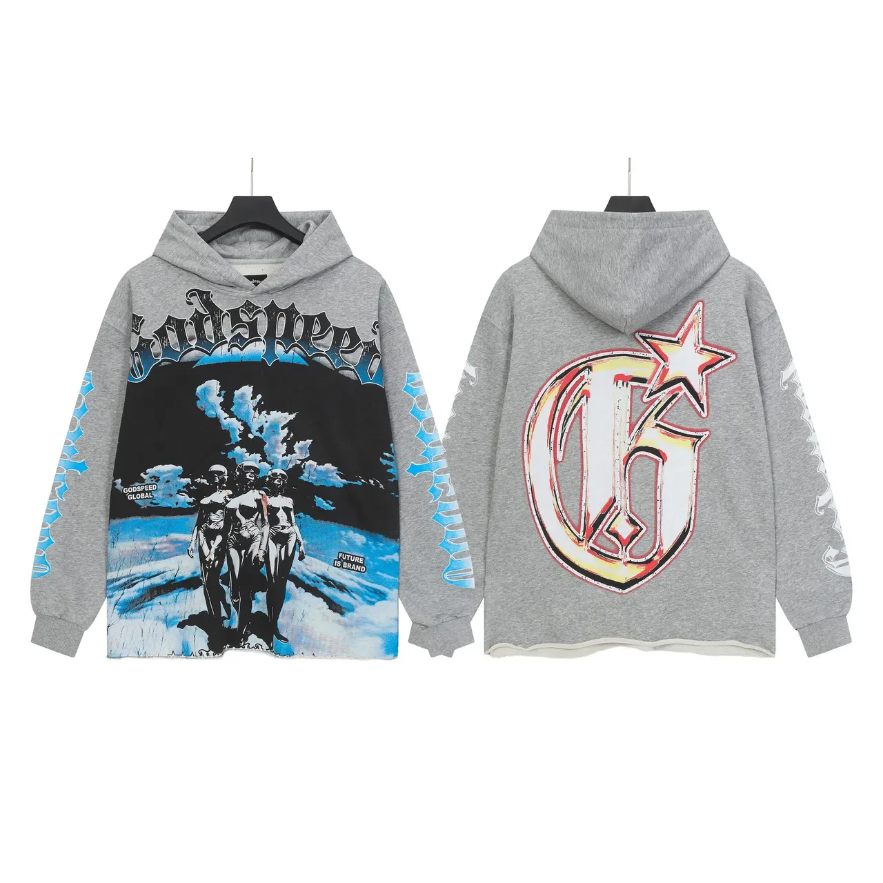 Godspeed Preto Azul Oversized Fit Distressed Raw Hem Hoodie 5