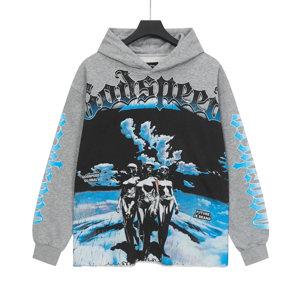 Godspeed Preto Azul Oversized Fit Distressed Raw Hem Hoodie 6