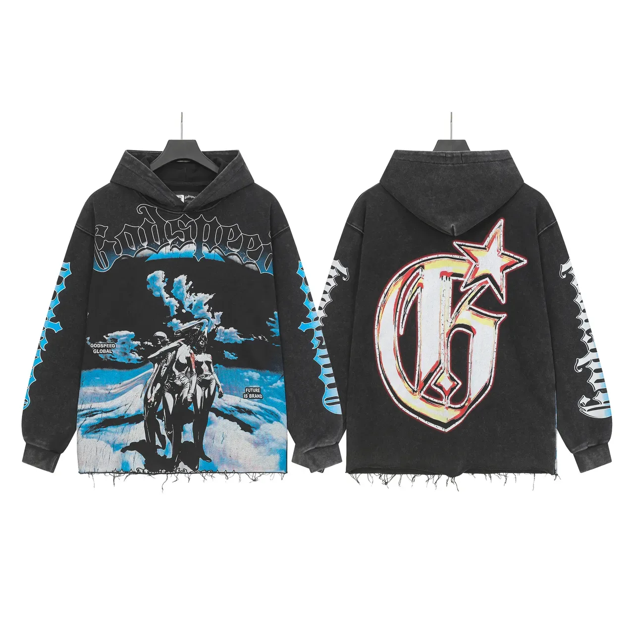 Godspeed Preto Azul Oversized Fit Distressed Raw Hem Hoodie 8