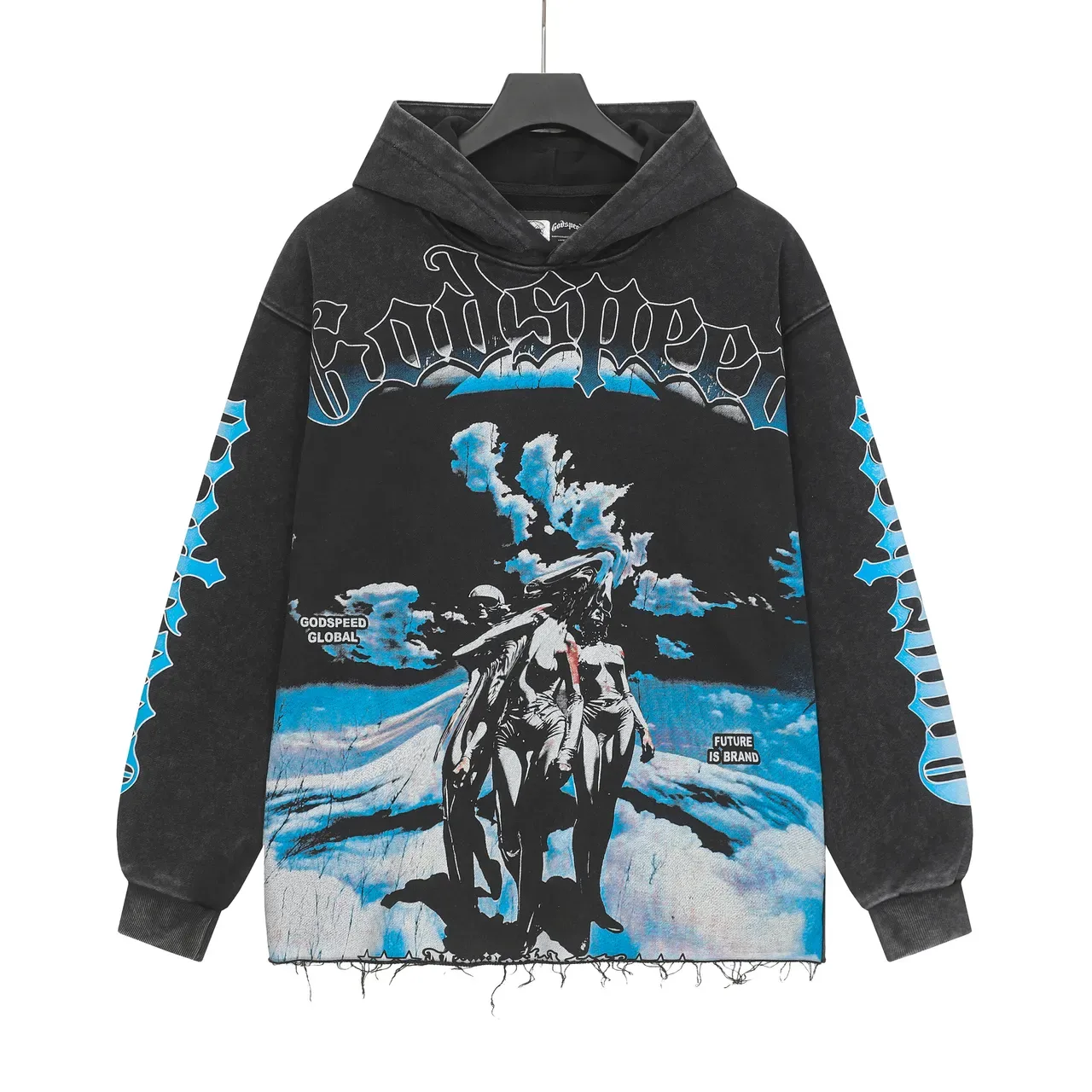 Godspeed Preto Azul Oversized Fit Distressed Raw Hem Hoodie 9