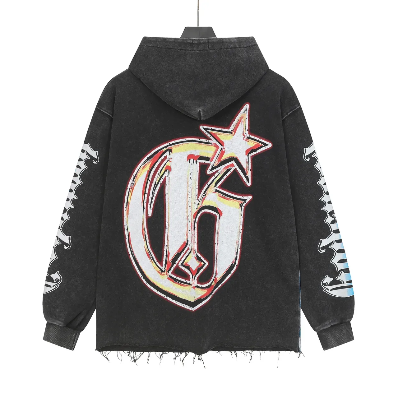 Godspeed Preto Azul Oversized Fit Distressed Raw Hem Hoodie 10