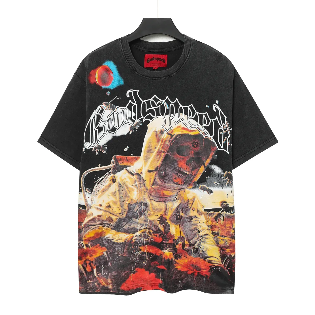 Godspeed Oversized Distressed Black Astronaut Skull Graphic T-Shirt 2