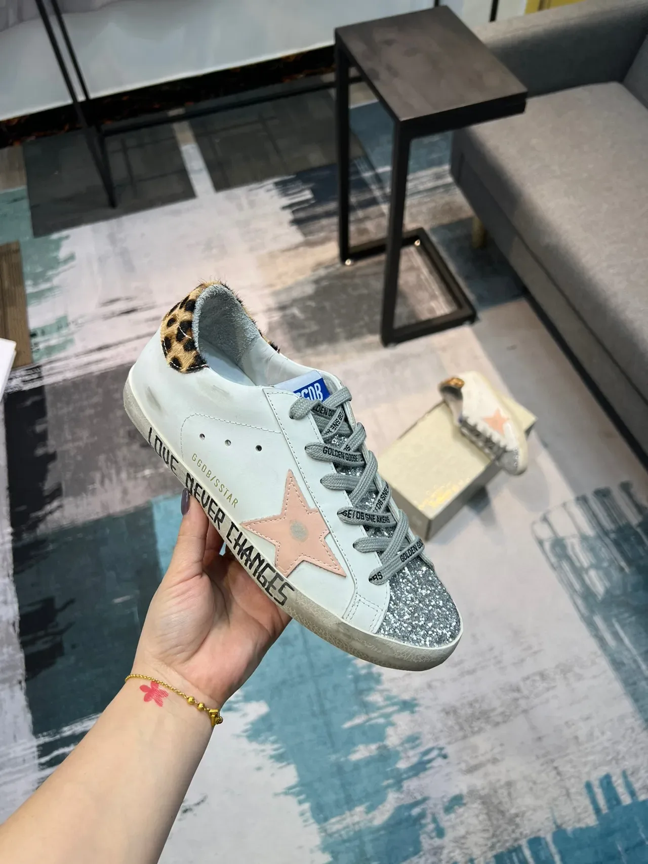 Golden Goose Superstar Sneaker Lifestyle Blanc Rose Étoile Brillante Léopard Talon 6