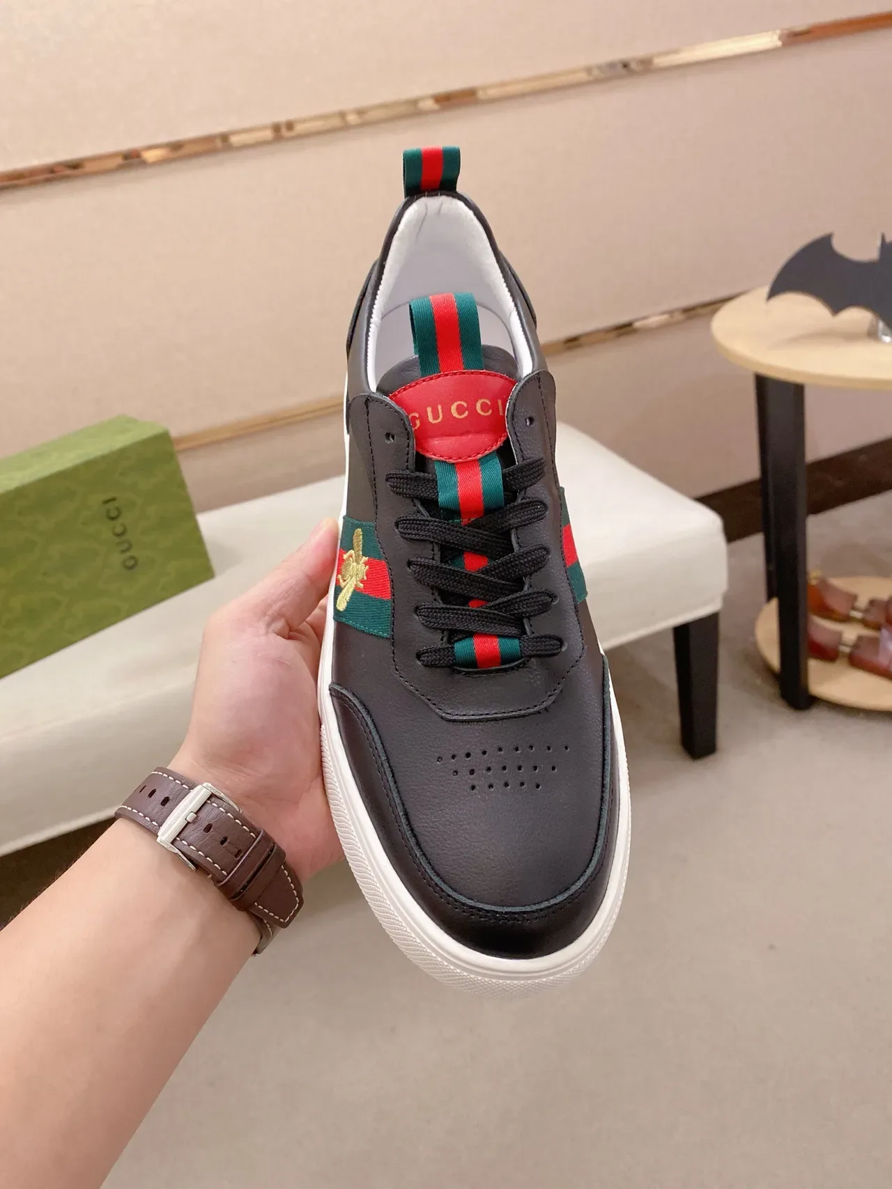 Gucci Ace Bee Web Stripe Black Leather Lifestyle Sneakers 2