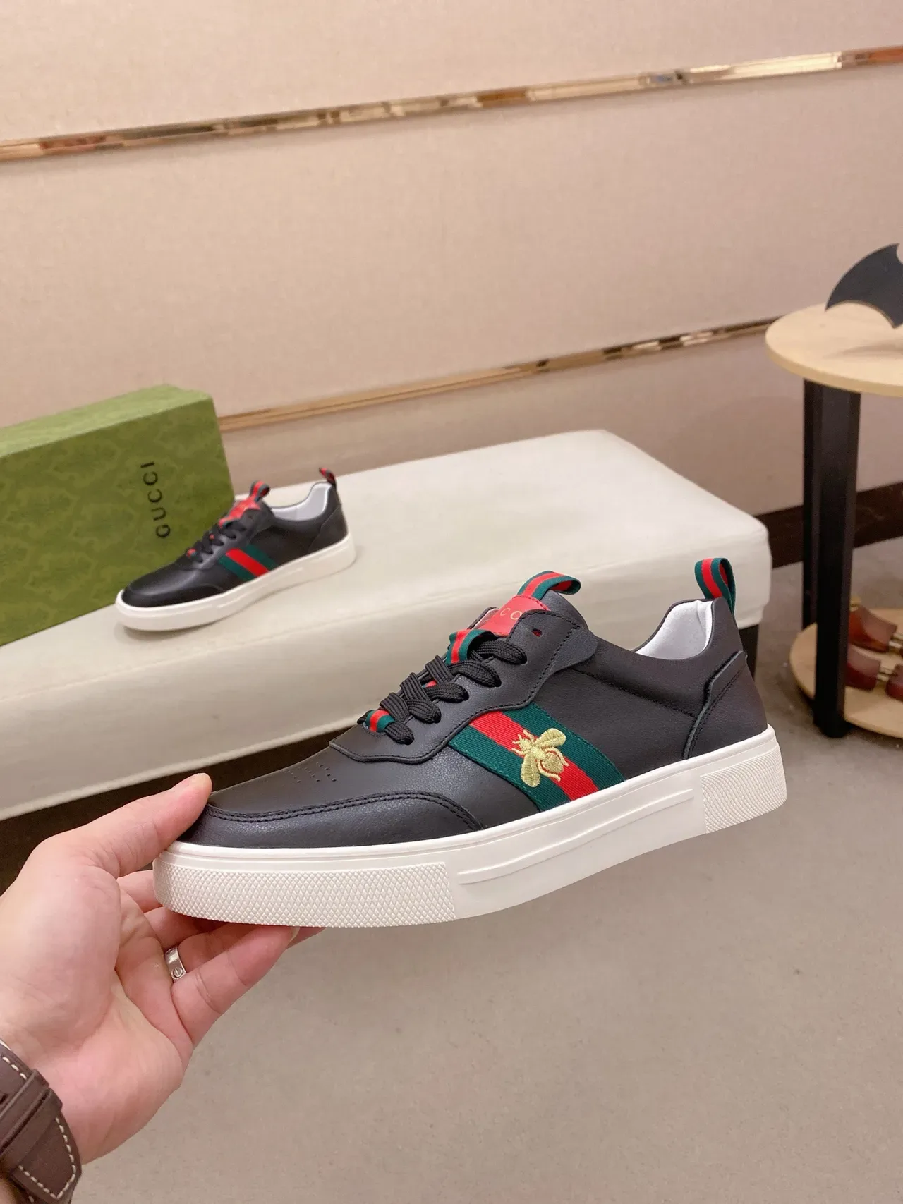 Gucci Ace Bee Web Stripe Black Leather Lifestyle Sneakers 3