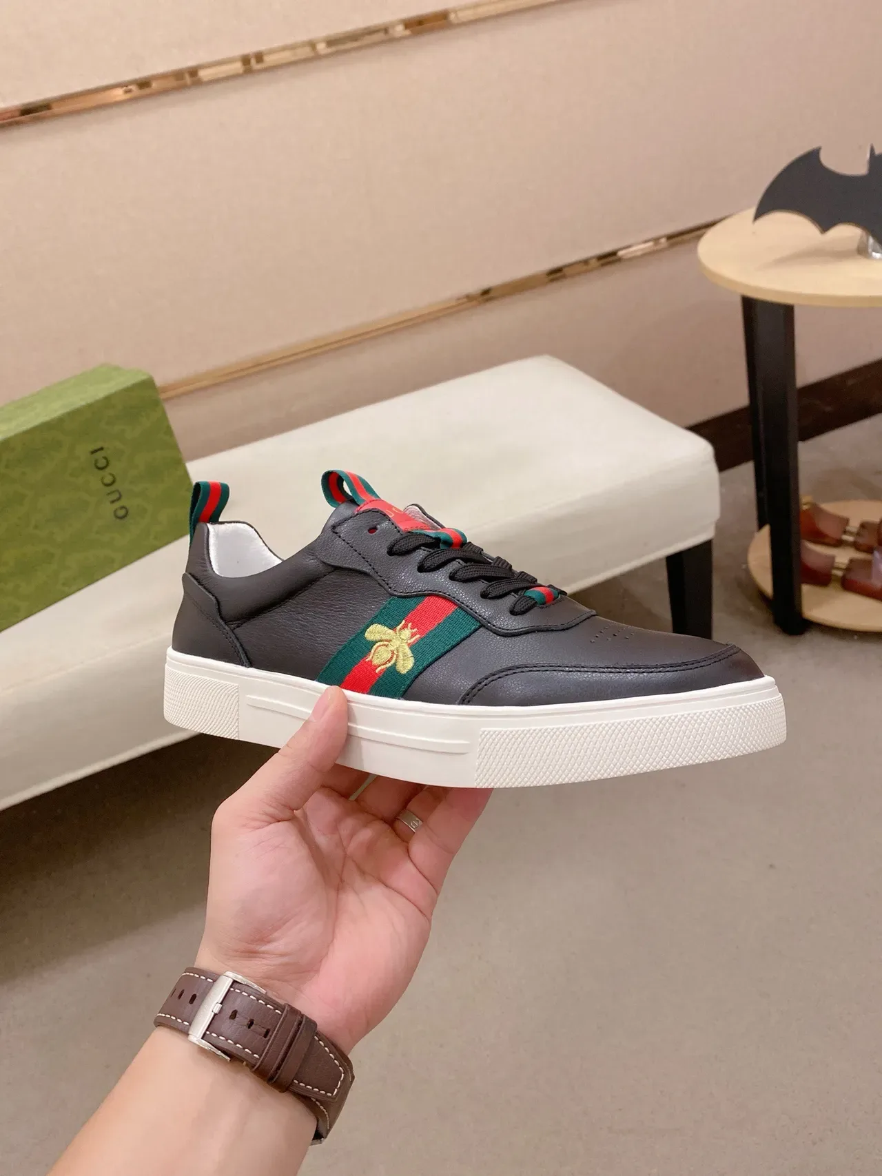 Gucci Ace Bee Web Stripe Black Leather Lifestyle Sneakers 4