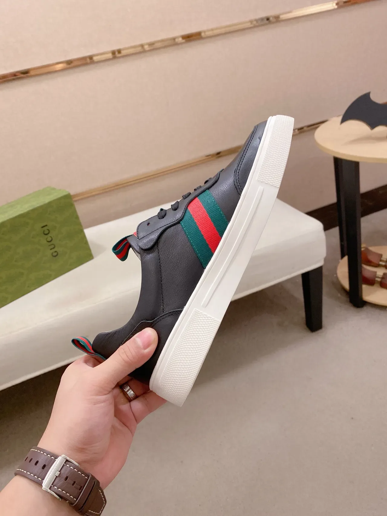 Gucci Ace Bee Web Stripe Black Leather Lifestyle Sneakers 5