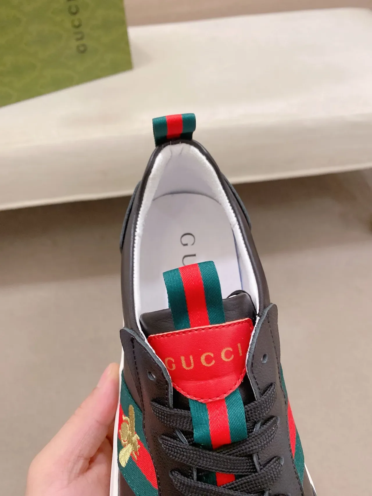 Gucci Ace Bee Web Stripe Black Leather Lifestyle Sneakers 6