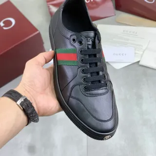 Gucci Ace Black Leather Web Stripe Casual Shoes
