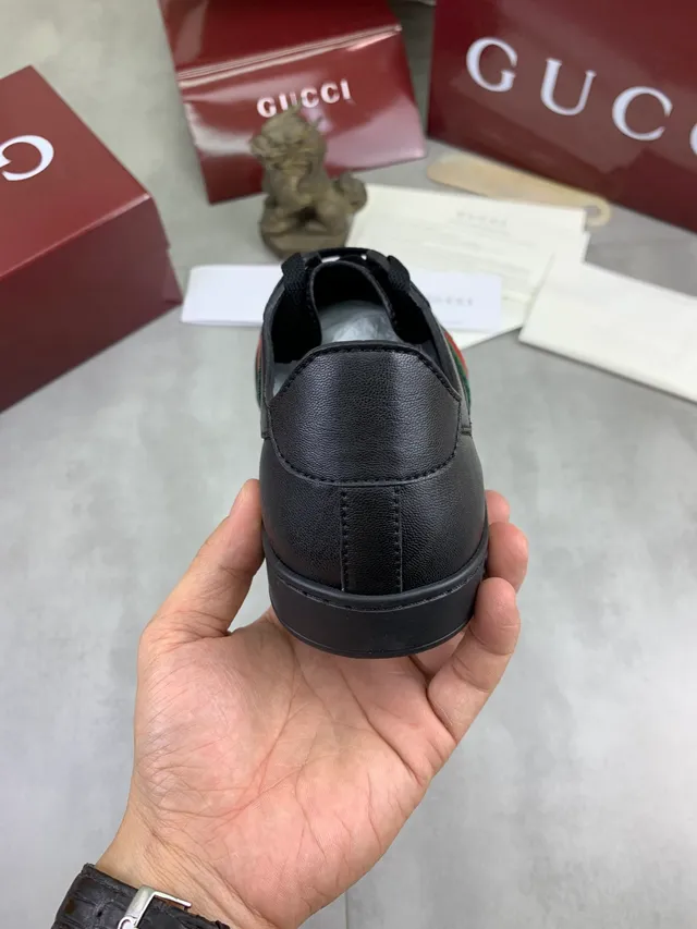 Gucci Ace Black Leather Web Stripe Casual Shoes 3
