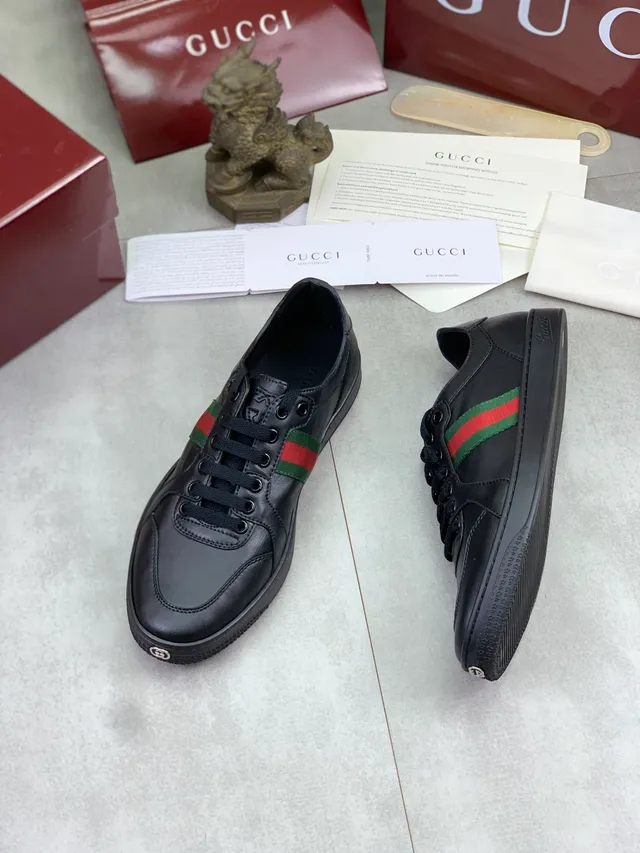 Gucci Ace Black Leather Web Stripe Casual Shoes 5