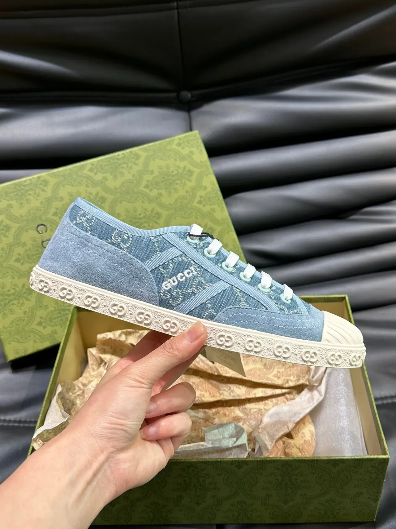 Gucci Ace Blue White Canvas Upper GG Monogram Print Sneakers 6