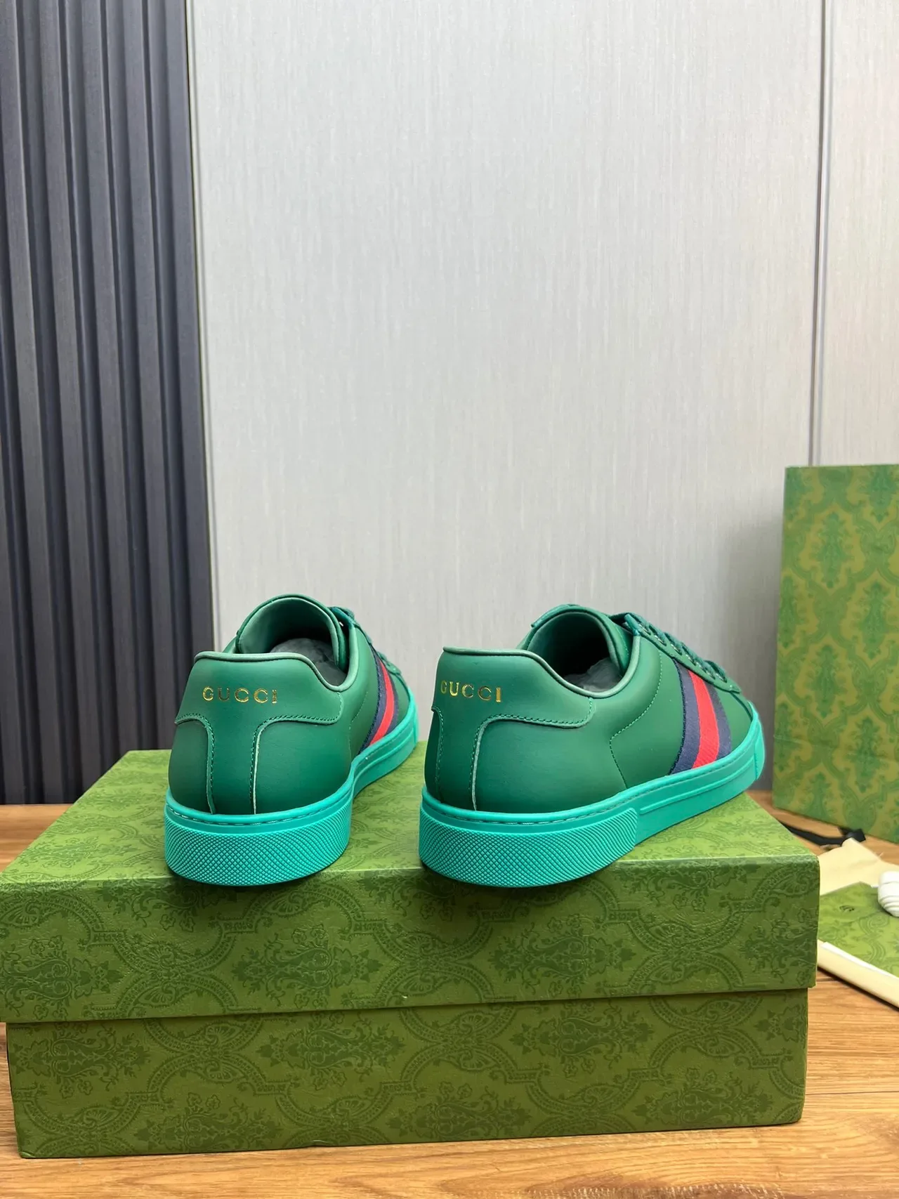 Gucci Ace Green and Turquoise Web Stripe Lifestyle Sneakers 2