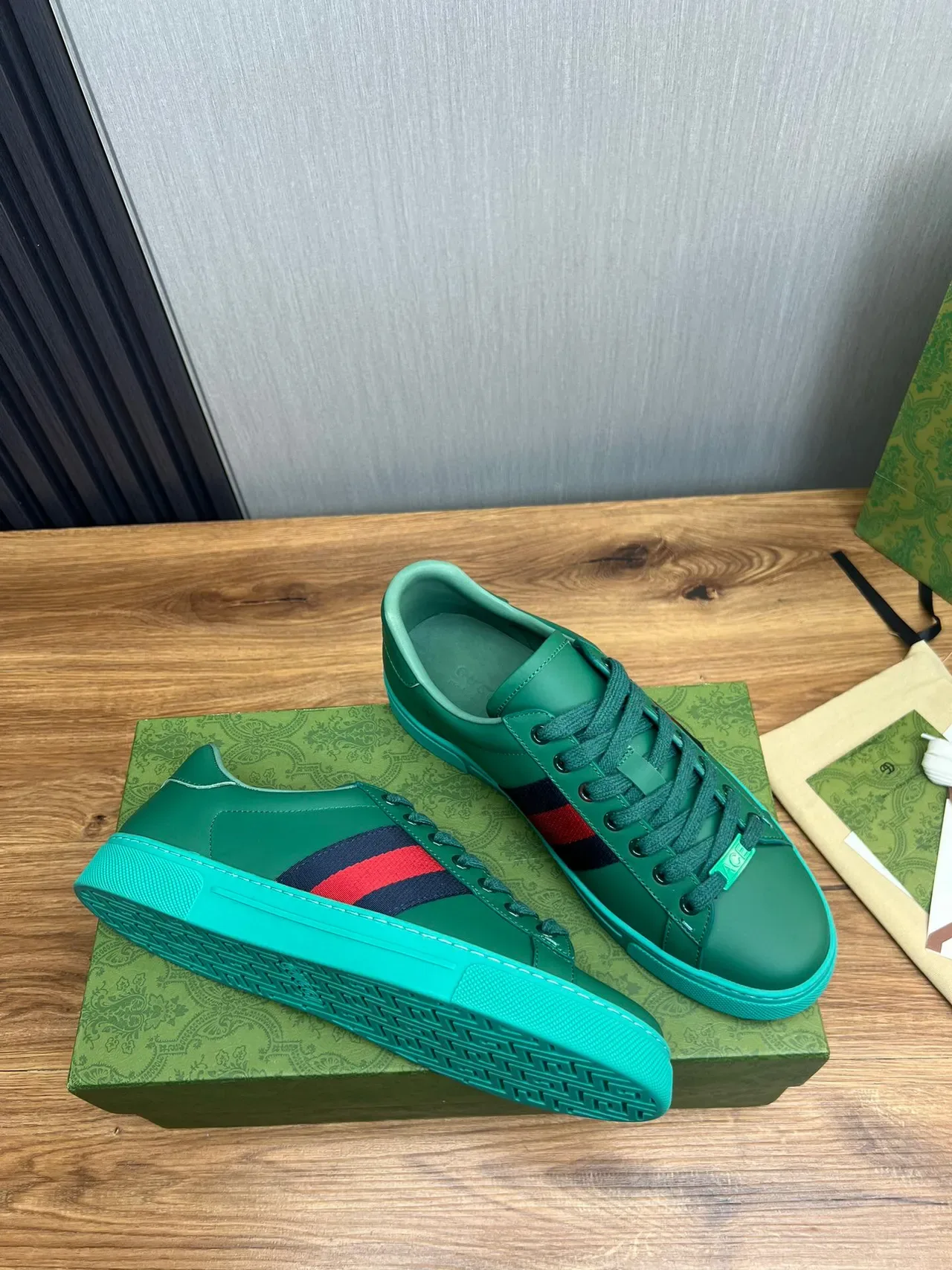 Gucci Ace Green and Turquoise Web Stripe Lifestyle Sneakers 3