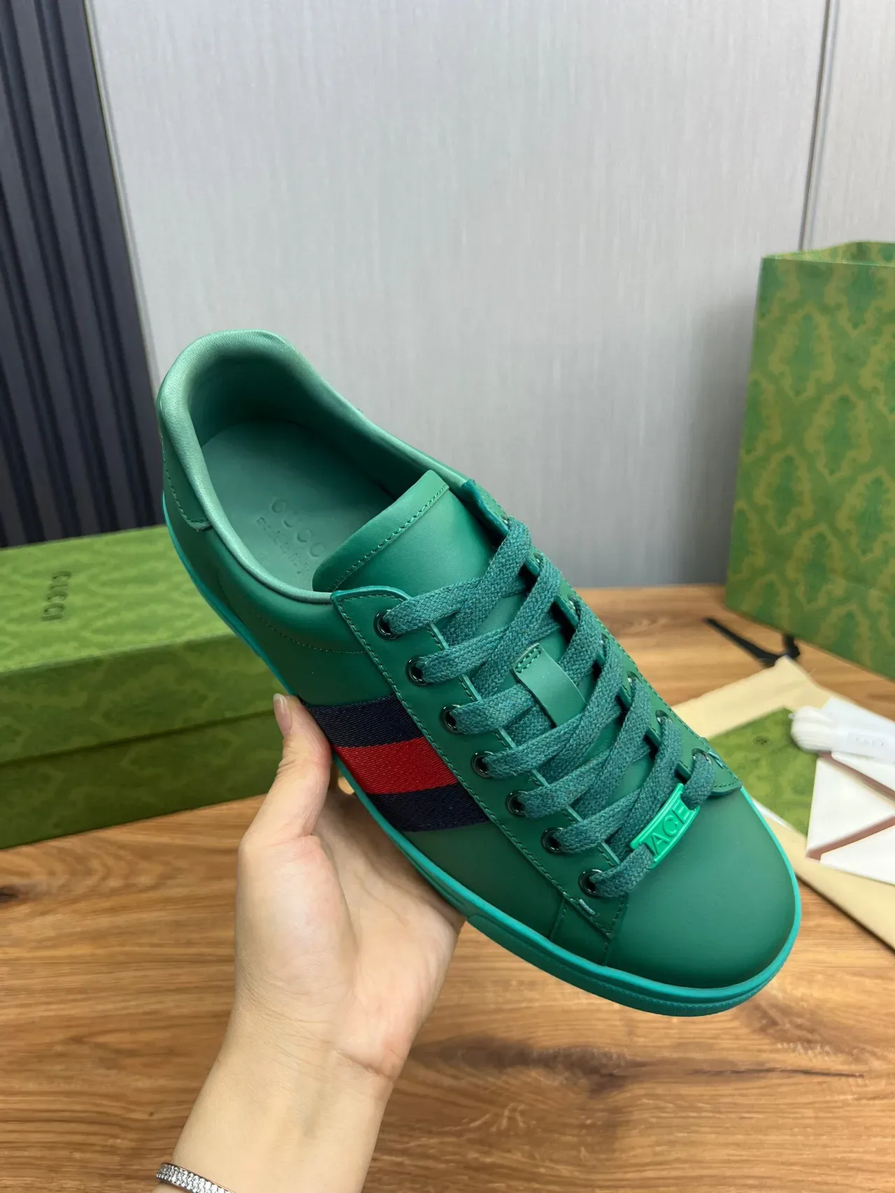 Gucci Ace Green and Turquoise Web Stripe Lifestyle Sneakers 4