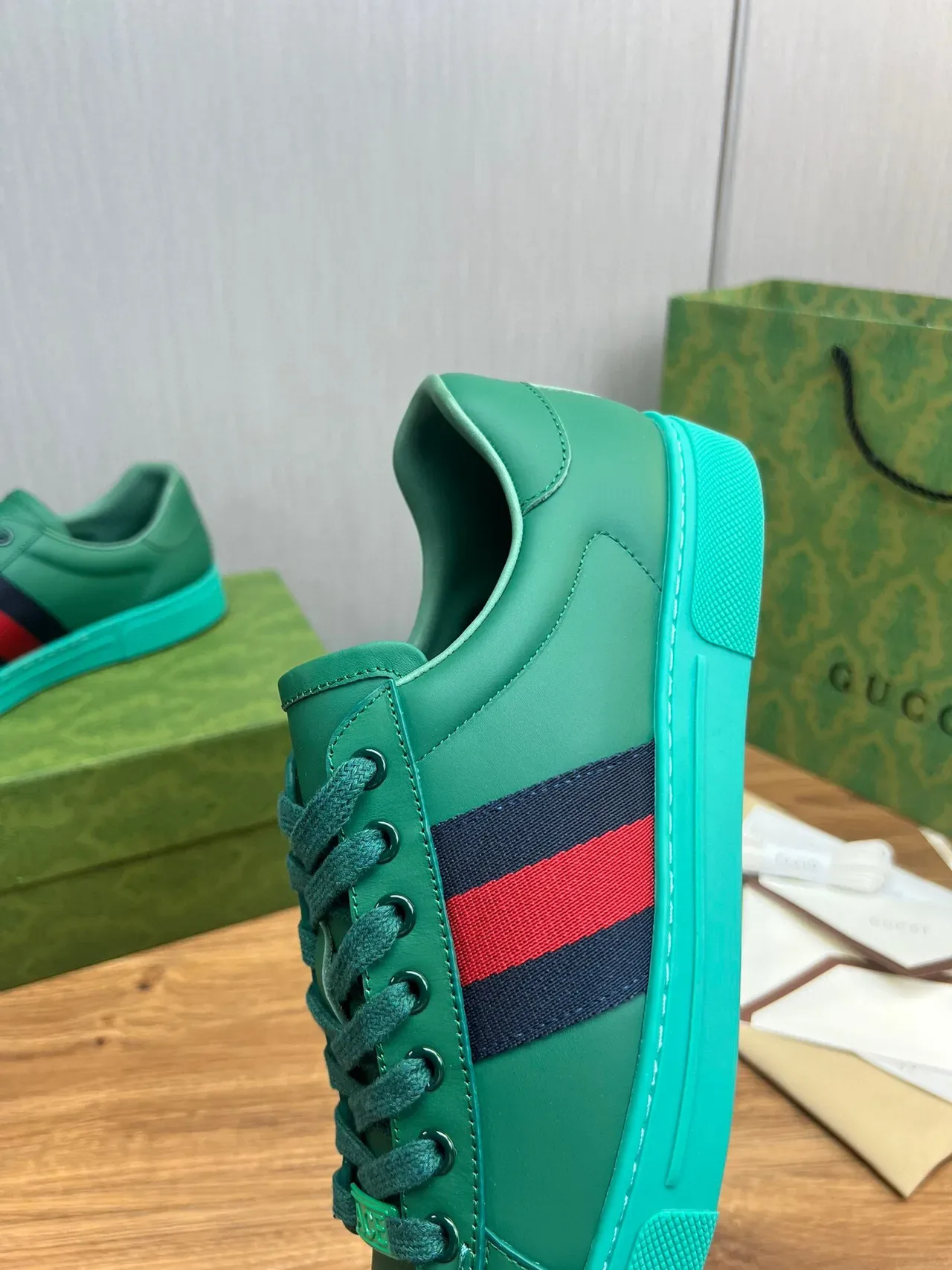 Gucci Ace Green and Turquoise Web Stripe Lifestyle Sneakers 5