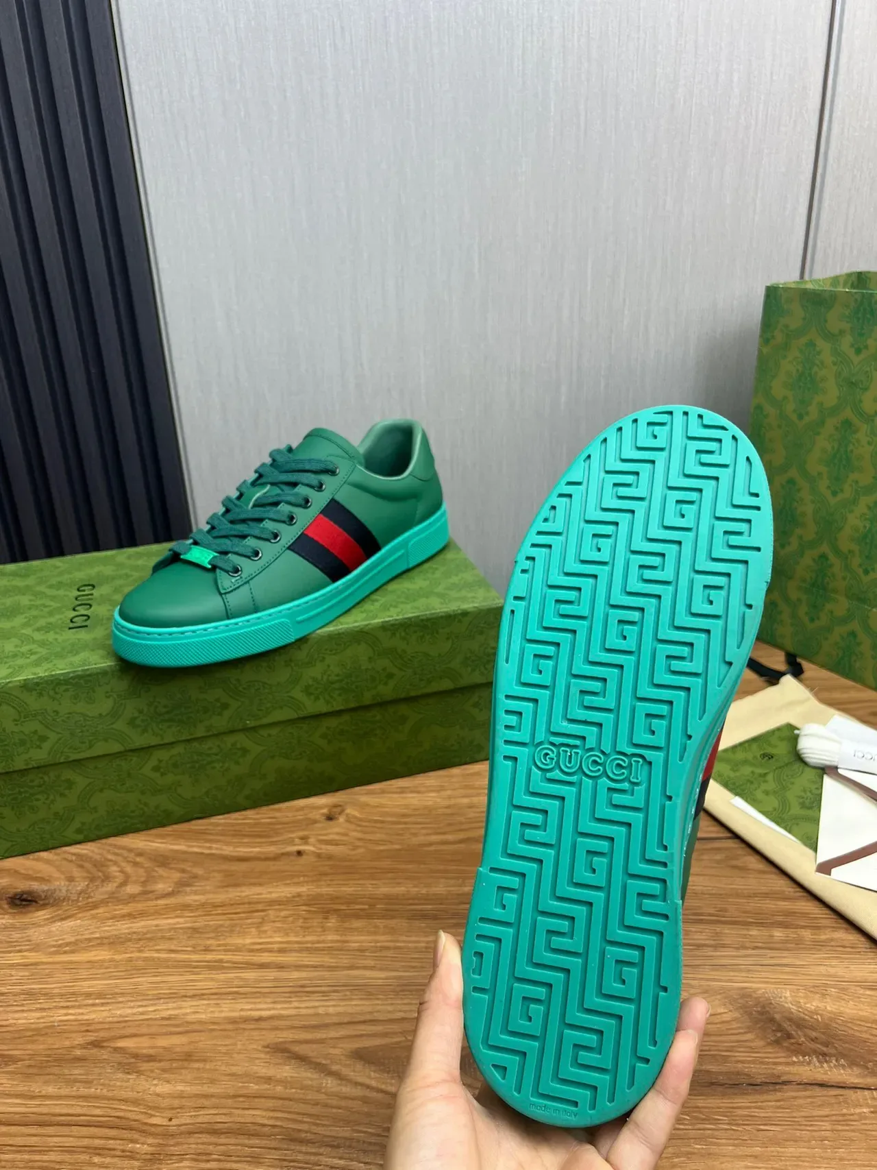 Gucci Ace Green and Turquoise Web Stripe Lifestyle Sneakers 6