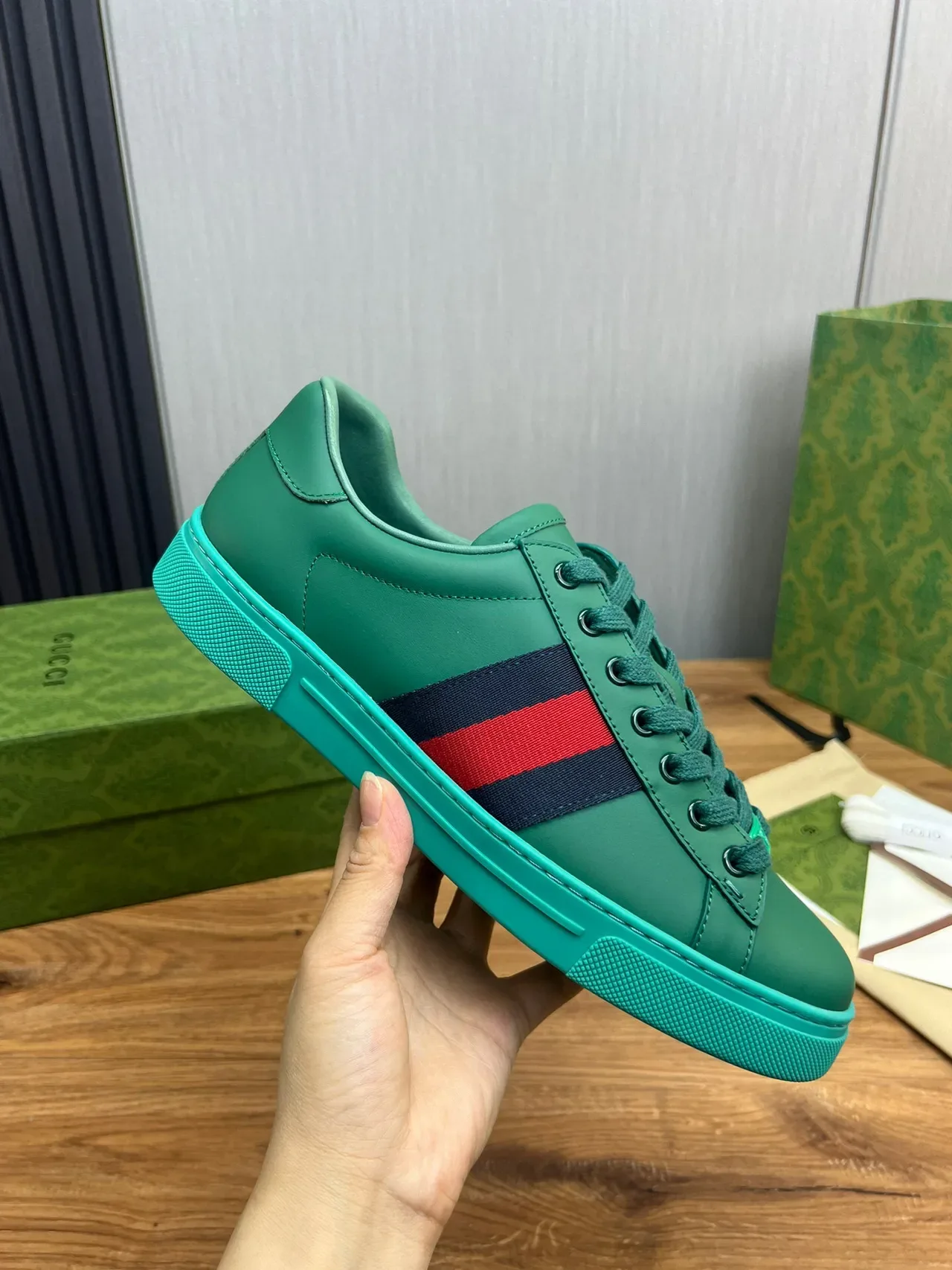 Gucci Ace Green and Turquoise Web Stripe Lifestyle Sneakers 7