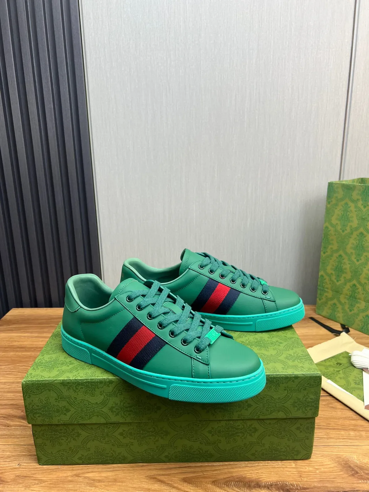 Gucci Ace Green and Turquoise Web Stripe Lifestyle Sneakers 8