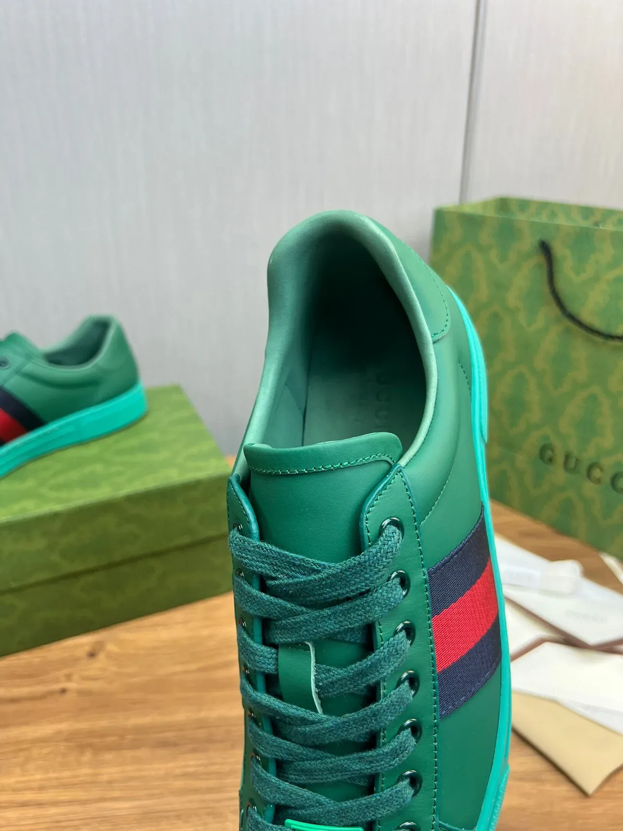 Gucci Ace Green and Turquoise Web Stripe Lifestyle Sneakers 9